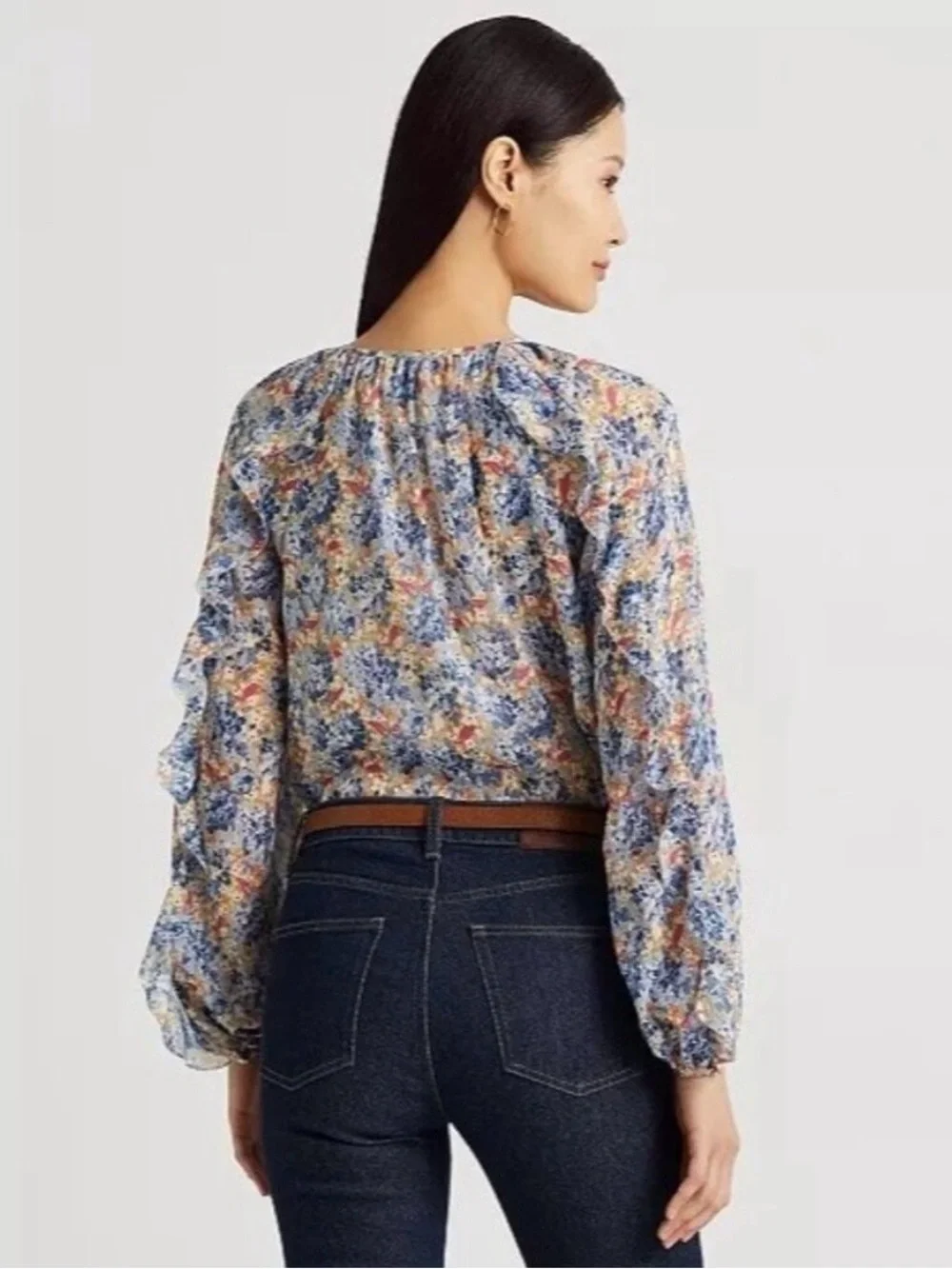 Lauren Ralph Lauren Floral Crinkle Georgette Tie-Neck Blouse Medium